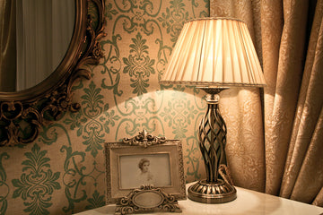 Table lamp metal base, brass finish crystal details & pleated organza shade – Grace | Maytoni
