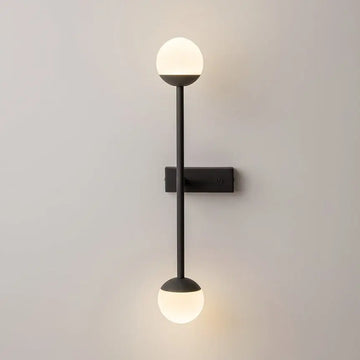 Black metal wall lamp with two white glass spheres and touch dimmer | Maytoni
