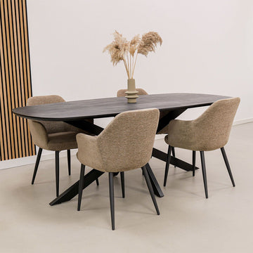 Esszimmerstuhl – Texture Stoff, Metallgestell Schwarz, Champagner Farbe - Jodi | Kick Collection