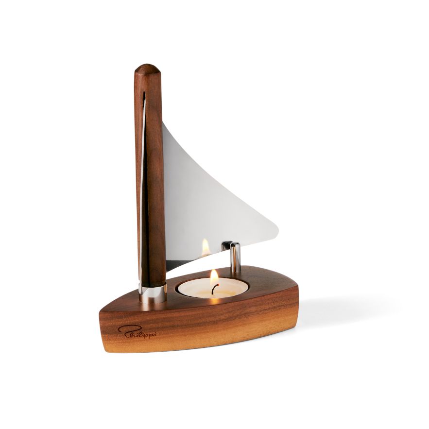 Tealight Holder with Walnut Base, Polished Stainless Steel Sail Reflector, Maritime Miniature Boat Design - Cog | Philippi