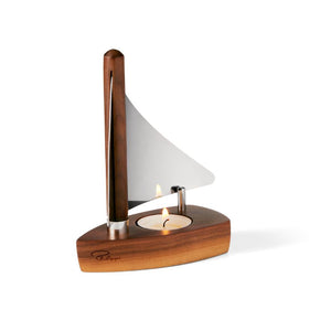 Tealight Holder with Walnut Base, Polished Stainless Steel Sail Reflector, Maritime Miniature Boat Design - Cog | Philippi