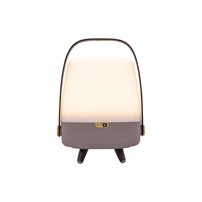 Speaker light with polyethylene housing, wooden handle, and brass accents – Lite-up PLAY Mini | Kooduu