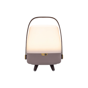 Speaker light with polyethylene housing, wooden handle, and brass accents – Lite-up PLAY Mini | Kooduu