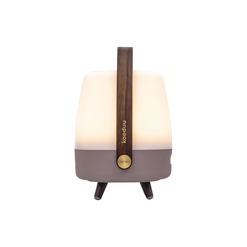 Speaker light with polyethylene housing, wooden handle, and brass accents – Lite-up PLAY Mini | Kooduu