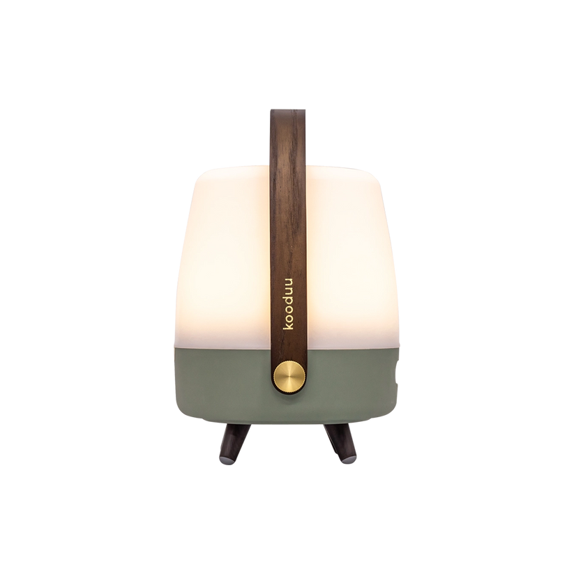 Lautsprecherleuchte aus Polyethylen mit Holzgriff und Messingakzenten - Lite-up Play Mini | Kooduu