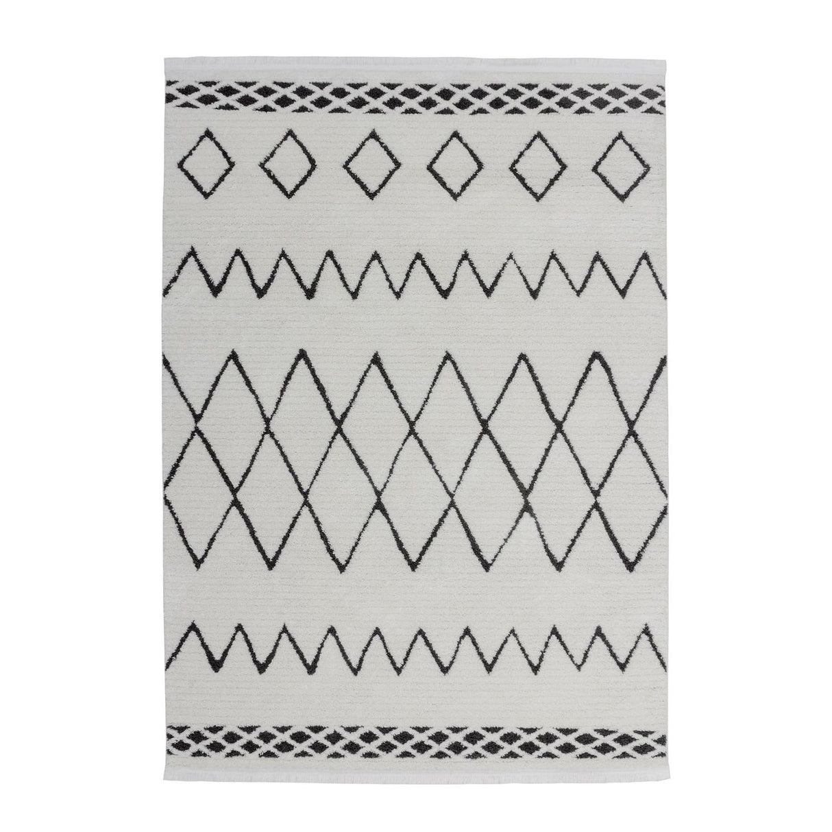 Short Pile Rug with Ethnic Pattern and Fringes, Polypropylene/Polyester Blend – Agadir 310 | Kayoom