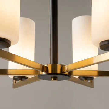 Fortano | Maytoni - Chandelier Metal in Black and Brass, Six White Cylindrical Glass Shades, E27 Sockets