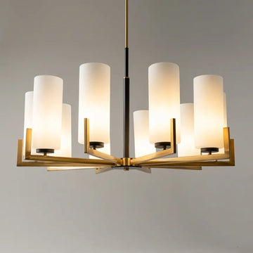 Chandelier Metal in Brass and Black with White Cylindrical Glass Shades E27 Socket – Fortano | Maytoni