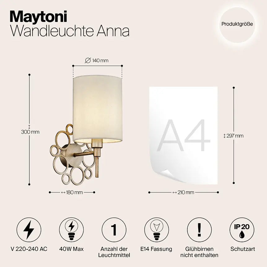 Wandleuchte – Goldene Oberfläche, Metall und Stoff, Zeitlose Eleganz - Anna | Maytoni