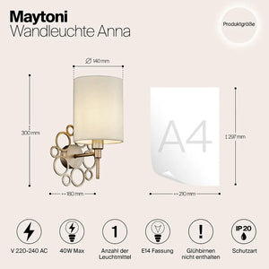Wandleuchte – Goldene Oberfläche, Metall und Stoff, Zeitlose Eleganz - Anna | Maytoni