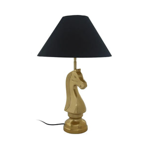 Tischleuchte – Schachfigur Design, Goldene Akzente, Schwarzer Stoffschirm - Bishop 125 | Kayoom