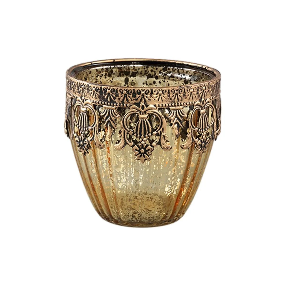 Glass tealight holder with an elegant gold finish, finely textured surface, and atmospheric light reflection – Decoritz | PTMD