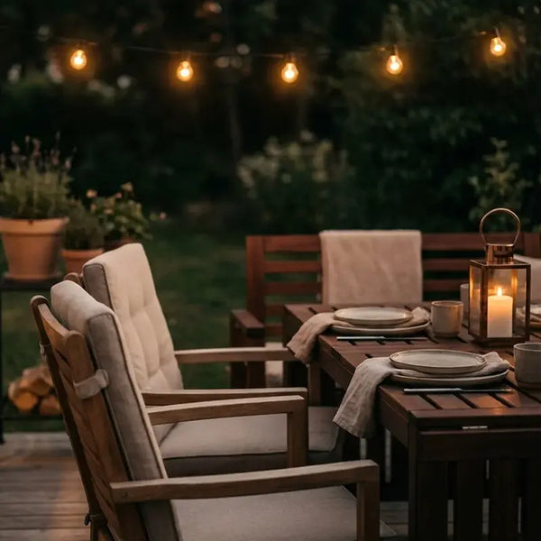 Terrasse am Abend mit Lichterkette, gedecktem Tisch und Laterne