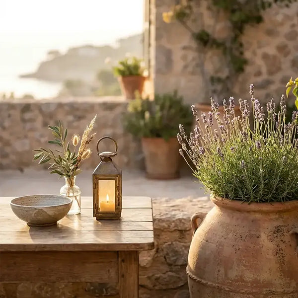 Terrassentisch mit Schale, Laterne und großem Lavendeltopf im Abendlicht