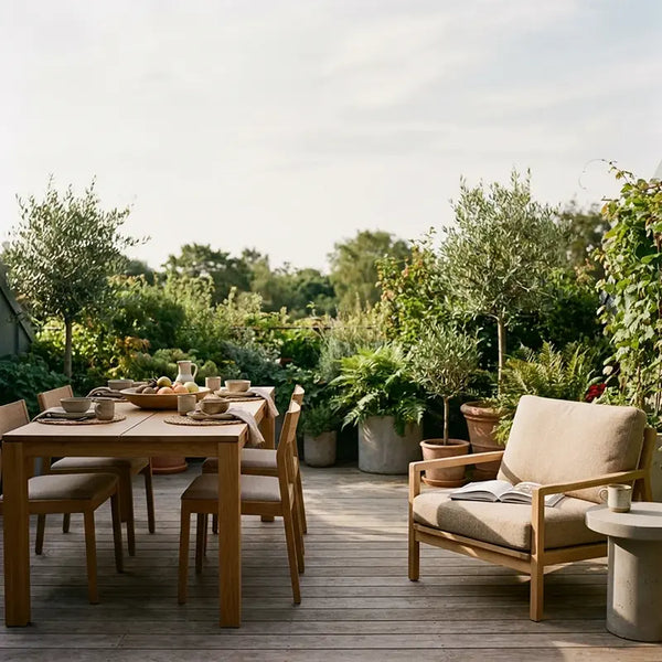 Terrasse mit Essbereich und Loungesessel zwischen Olivenbäumen