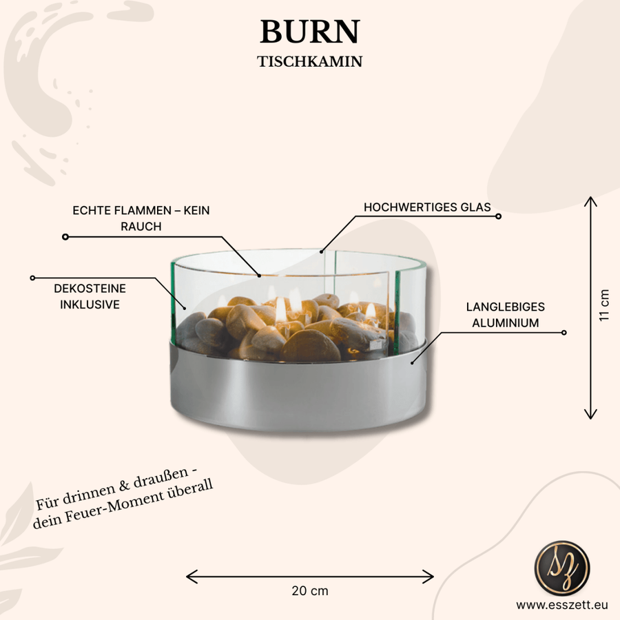 Tischkamin mit mundgeblasenem Glasring, Kieselsteinen & Lampenölbetrieb – Fire | Philippi