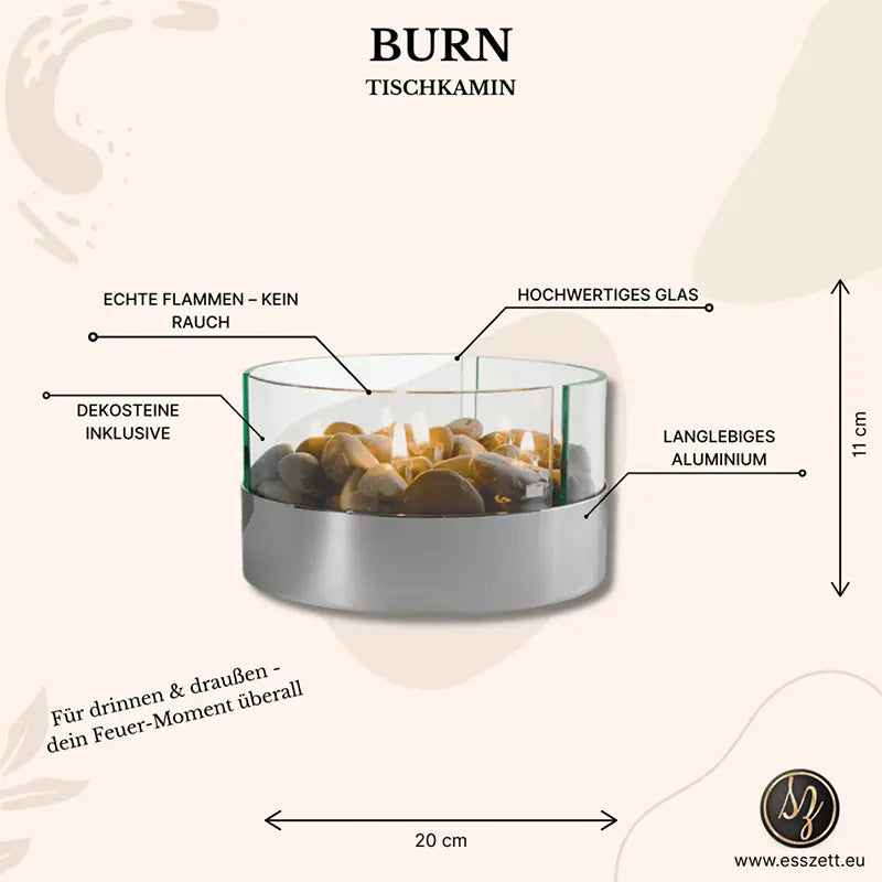 Tischkamin aus Aluminium & Glas, mit Kieseln und Dochtsystem – Burn | Philippi