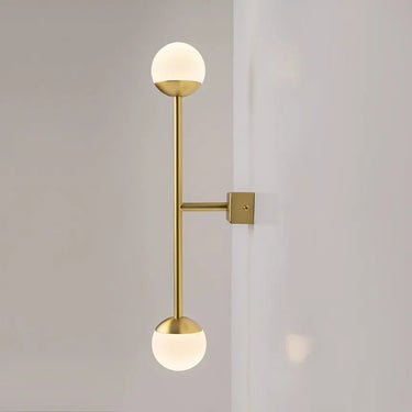 Wall light made of brass-coloured metal with two white glass spheres and touch dimmer – TOUCH | Maytoni
