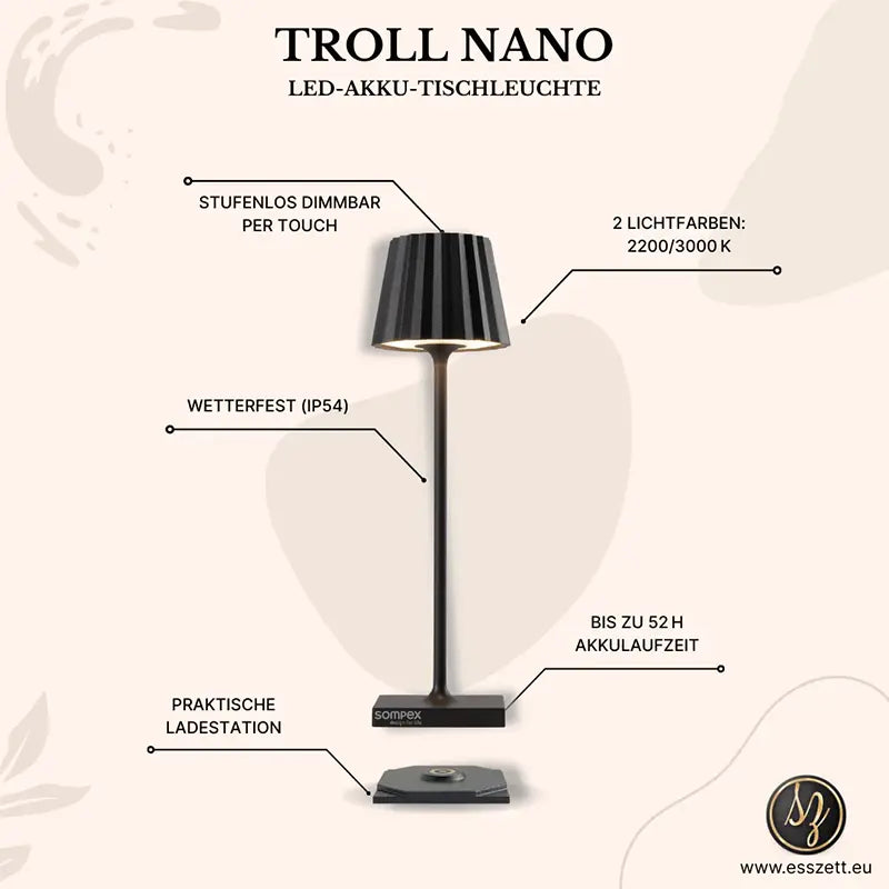 Tischleuchte aus Aluminium mit Faltenschirm stufenloser Dimmfunktion & Akku-Betrieb – TROLL NANO | Sompex