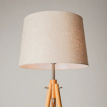 Floor lamp made of metal & wood frame with fabric shade in tripod design – Calvin | Maytoni