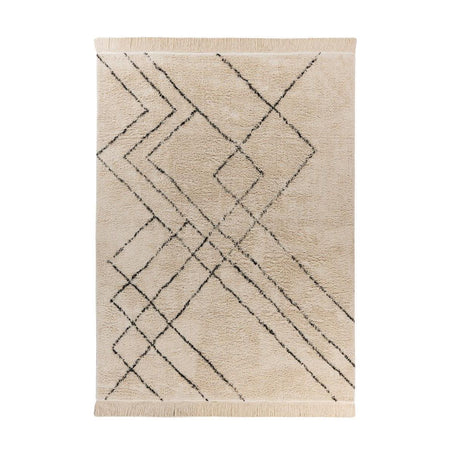 Teppich – Geometrisches Linienmuster, Creme Schwarz Design, Fransen Abschluss, 120 x 170 cm - Mylen 625 | Kayoom image