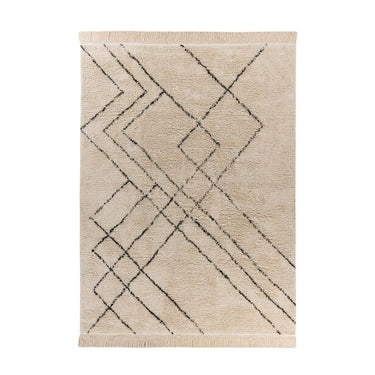 Teppich – Geometrisches Linienmuster, Creme Schwarz Design, Fransen Abschluss, 160 x 230 cm - Mylen 625 | Kayoom