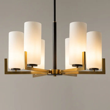 Fortano | Maytoni - Chandelier Metal in Black and Brass, Six White Cylindrical Glass Shades, E27 Sockets