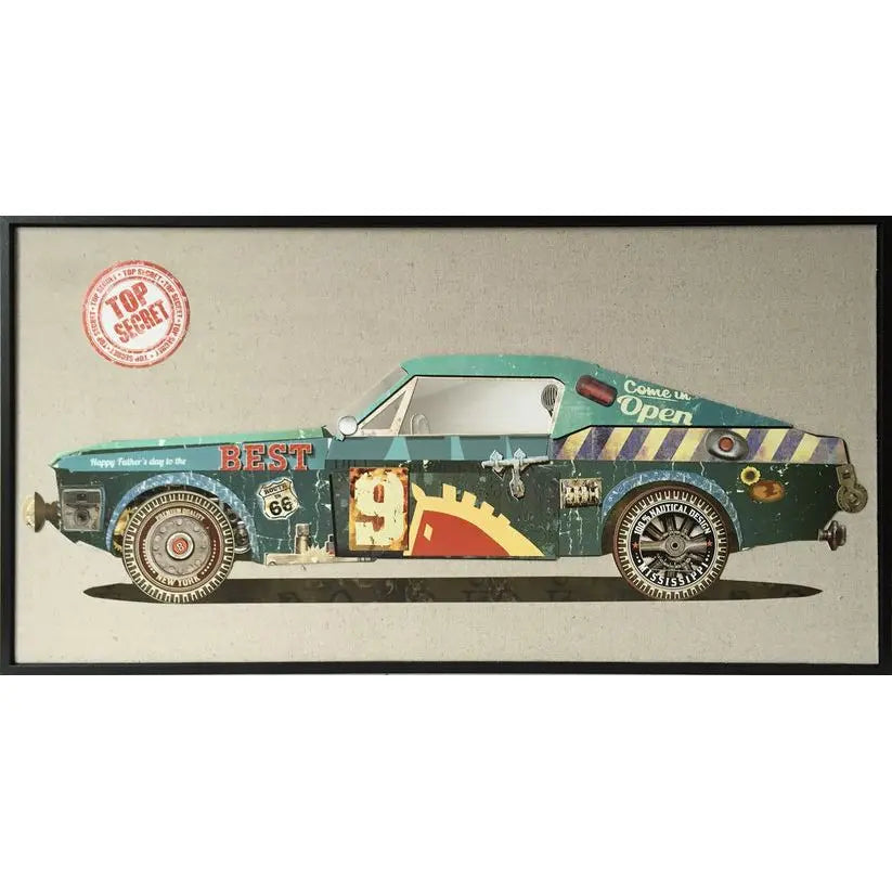Wandbild – Künstlerische Collage, Schwarzer Rahmen, Grünes Rennwagenmotiv - Rennwagen II | Kayoom