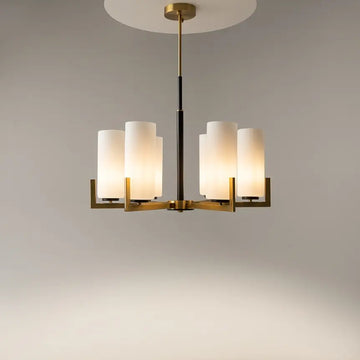 Fortano | Maytoni - Chandelier Metal in Black and Brass, Six White Cylindrical Glass Shades, E27 Sockets