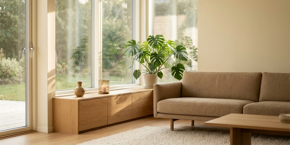 Helles Wohnzimmer mit bodentiefen Fenstern, Sideboard, Geigenfeige und Sofa