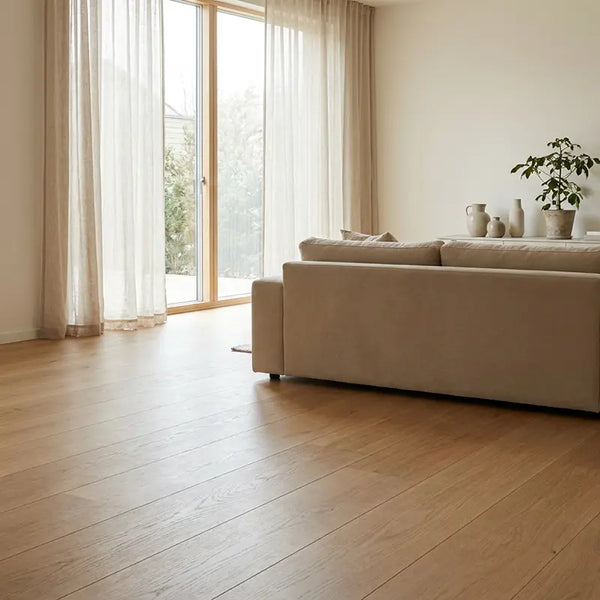 Sofa mit Abstand zum bodentiefen Fenster für leichtes Öffnen und Reinigen