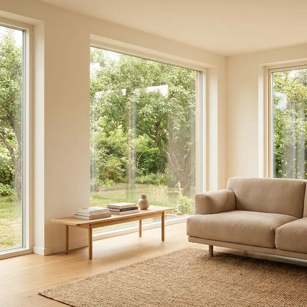 Niedriges Sideboard und Sofa unterhalb der Fensterlinie bewahren den freien Blick ins Grüne