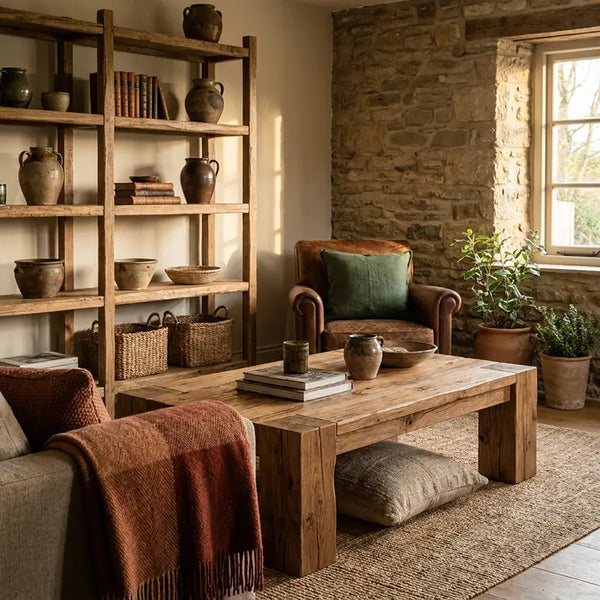 Rustikales Wohnzimmer mit massivem Holz-Couchtisch, offenem Holzregal und Natursteinwand