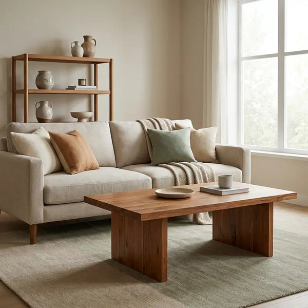 Skandinavisches Wohnzimmer mit beigem Leinensofa, Eichenholz-Couchtisch und hellem Wollteppich