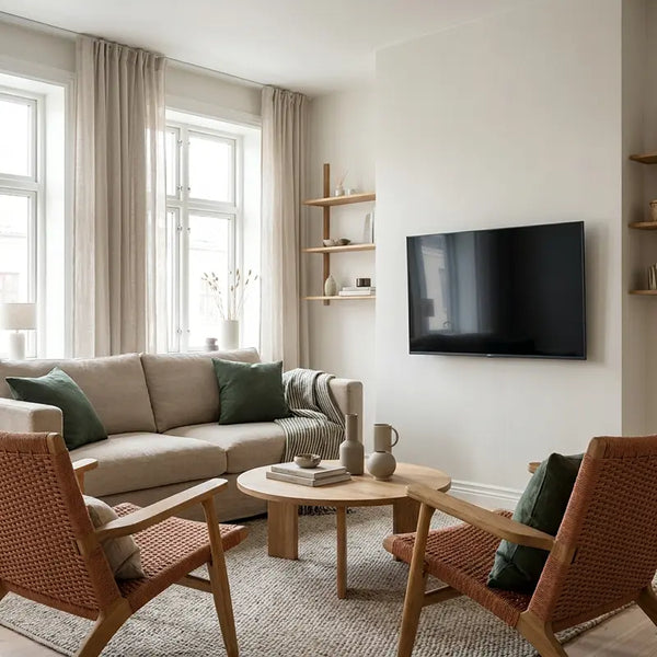 Wohnzimmer mit Sofa, Loungesesseln und wandmontiertem TV in blendfreier Position