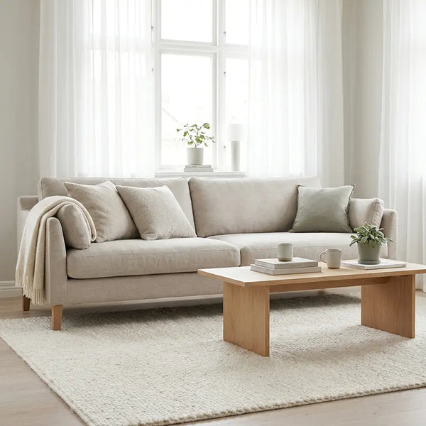 Skandinavisches Wohnzimmer mit beigem Leinensofa, Eichenholz-Couchtisch und hellem Wollteppich
